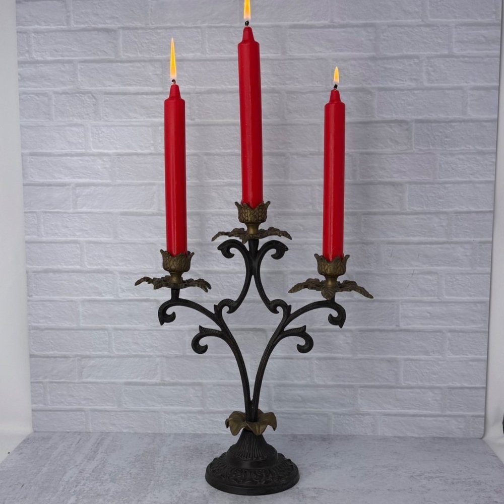 Vintage Ornate Wrought Iron and Brass 3 Arm Candelabra Candle Holder 12" tall